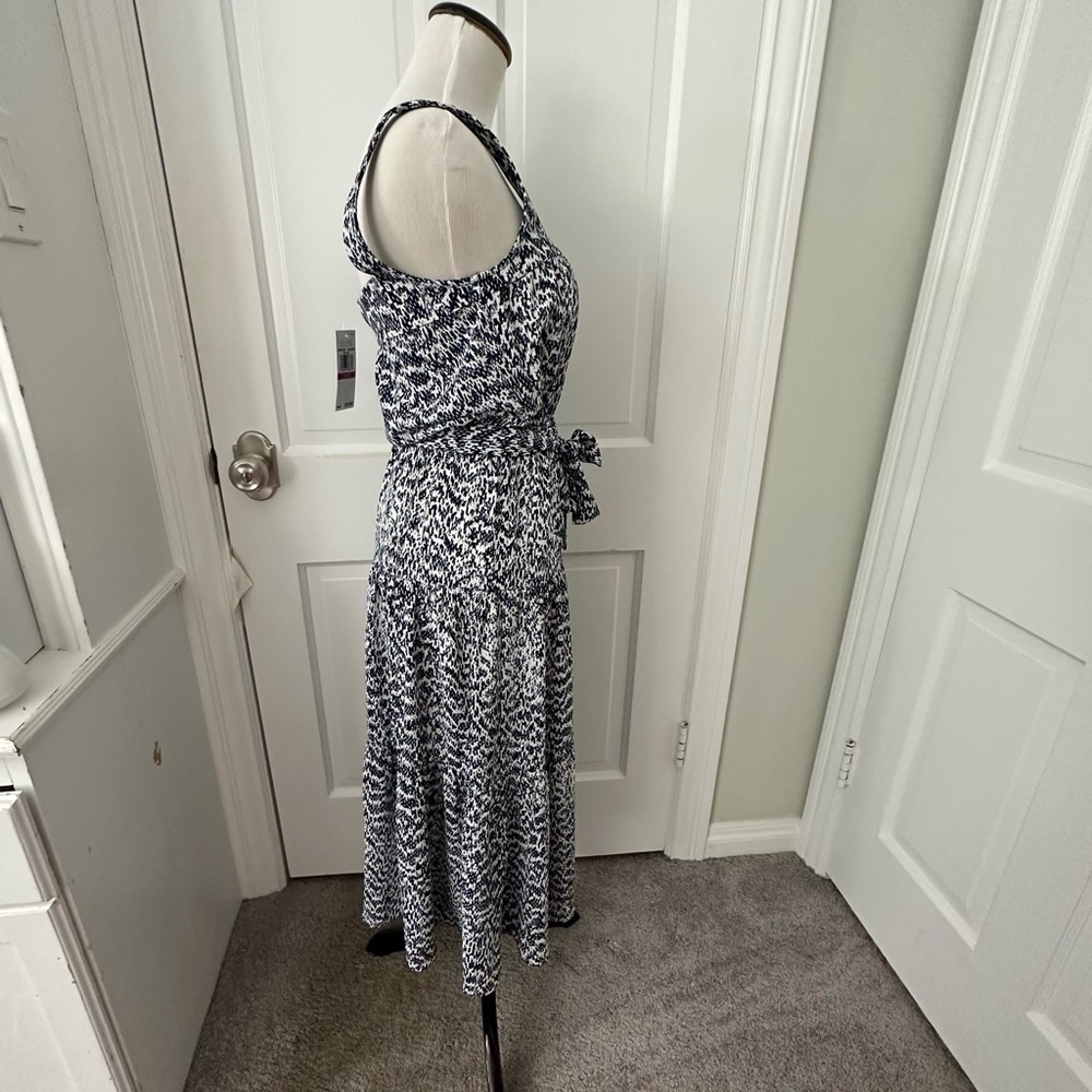 NWT MICHAEL KORS Belted Midi Dress Tiered Sleeveless Blue White Navy Size XXS - Picture 5 of 8